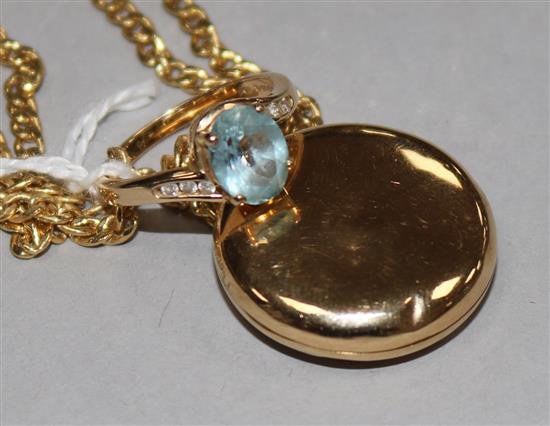 A 9ct gold, topaz and diamond-set ring and a circular yellow metal enclosed locket on 9ct gold chain, gross 15.3 gr